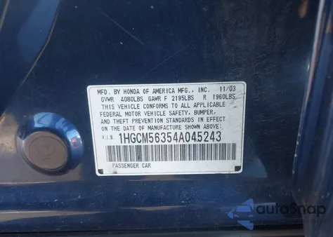 2004 Honda Accord 2.4 Lx из США, поврежденный, VIN 1HGCM56354A045243